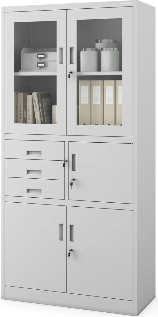 Kovová spisová skriňa so zásuvkami, vitrínou a trezorom FILIP, 900 x 1850 x 400 mm, šedá