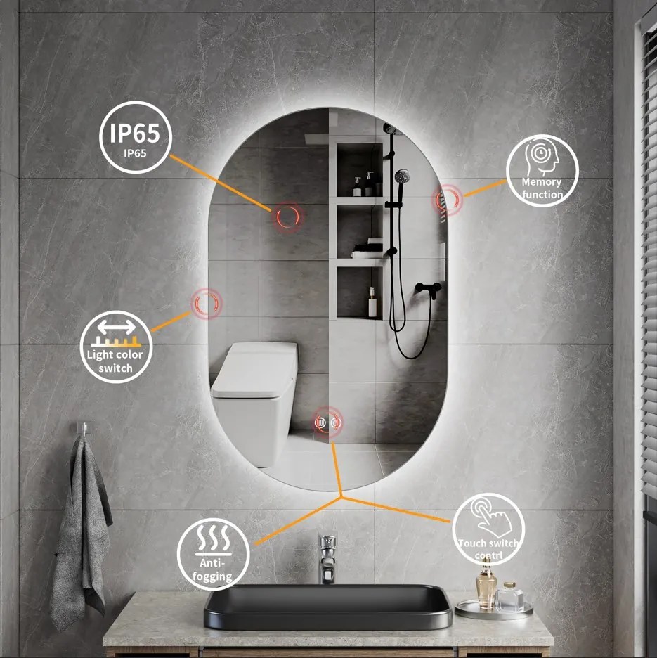 Erga Dalia, oválne LED zrkadlo 50x80cm, 3 farby svetla, zadné osvetlenie, vyhrievacia podložka proti zapareniu, ERG-V01-Dalia-5080-CL