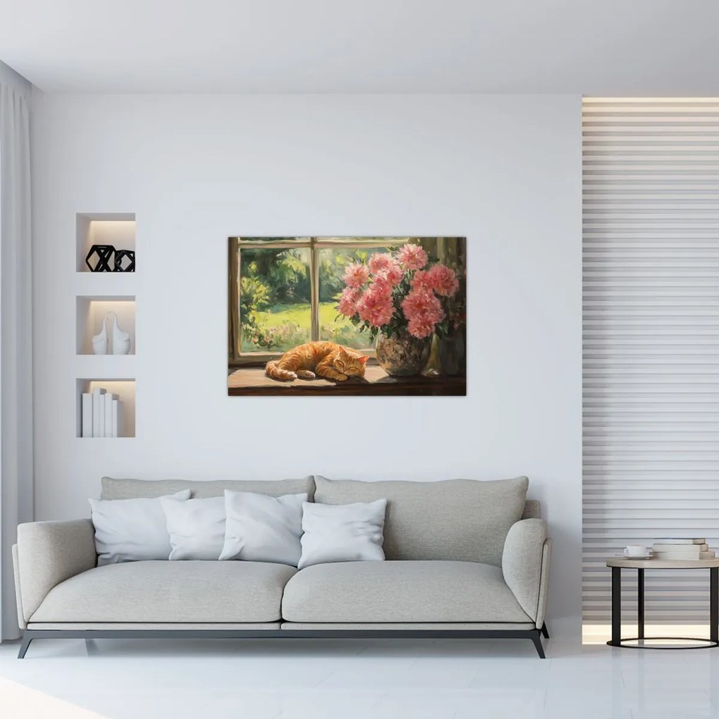 Obraz - Mačka na okne (90x60 cm)