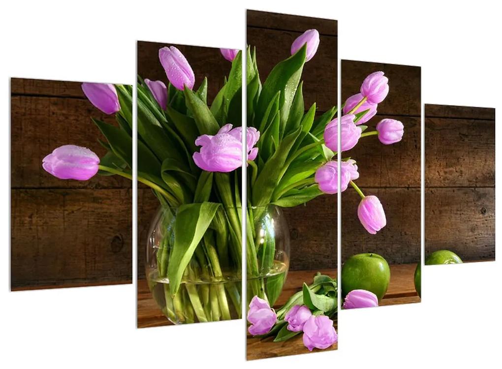 Obraz fialových tulipánov vo váze (150x105 cm)