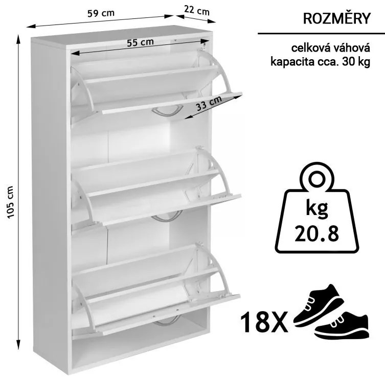 Miadomodo Výklopný botník biely - 59 x 105 x 22 cm