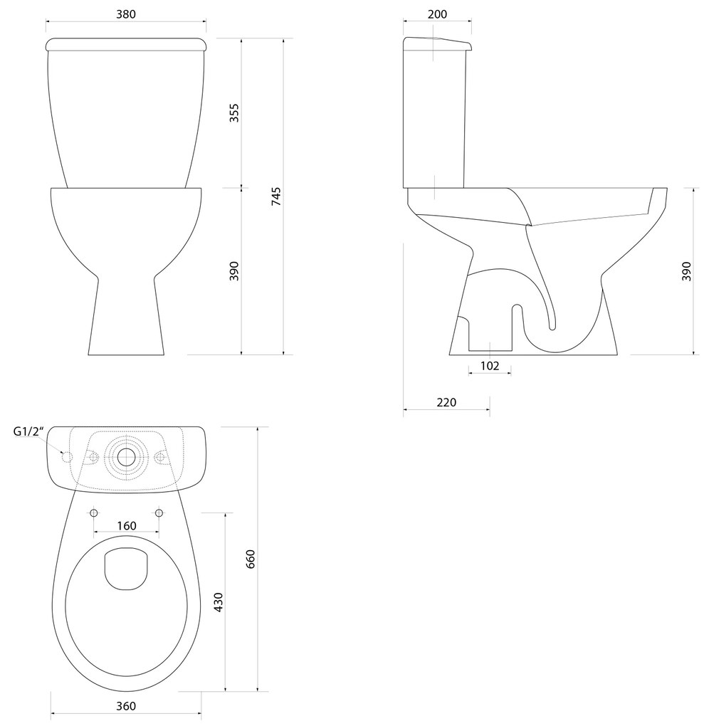 Aqualine, MANUEL WC kombi misa s nádržkou vrátane splachovacej súpravy, spodný odpad, biela, PS8814