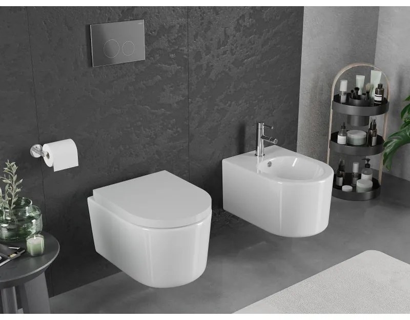 Mexen Sofia, závesná WC misa 490x360x355 mm, Rimless Tornádo + WC sedadlo z duroplastu, biela lesklá, 30540200T