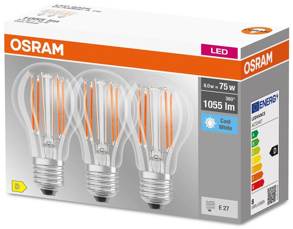 OSRAM filament LED žiar. E27 Base 7,5W 4000K 3ks