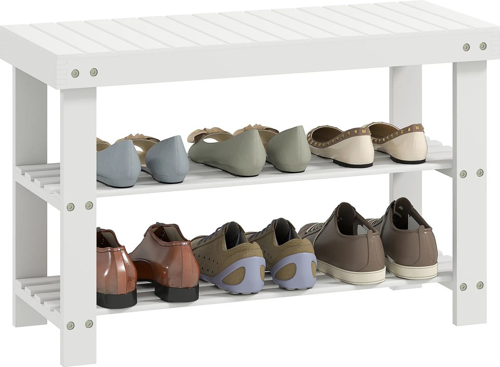 HOMCOM Bamboo Shoe Bench - Topánkový stolička s miestom 3-podlažný organizér na topánky pre 6 párov pre vstup, obývačku a spálňu 70x28x45 cm Biela | A
