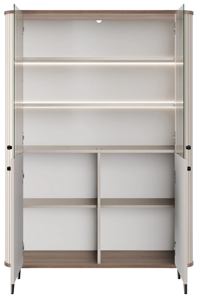 Vitrína Vesper 103 cm štvordverová - kašmír / orech / čierne nohy