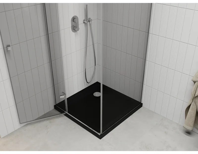 Mexen Roma, sprchový kút s krídlovými dverami 80 (dvere) x 80 (stena) cm, 6mm číre sklo, chrómový profil + slim sprchová vanička čierna + chrómový sifón, 854-080-080-01-00-4070