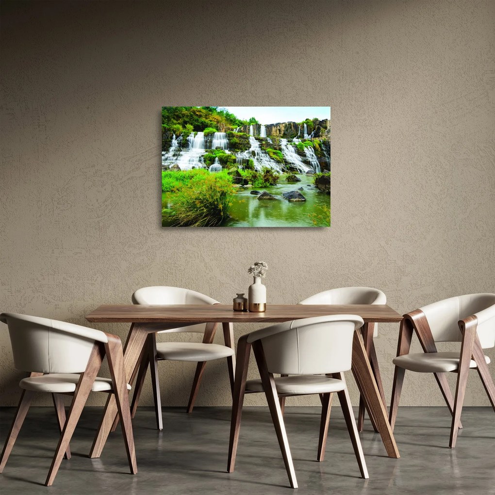 Sklenený obraz - vodopády so zeleňou (70x50 cm)