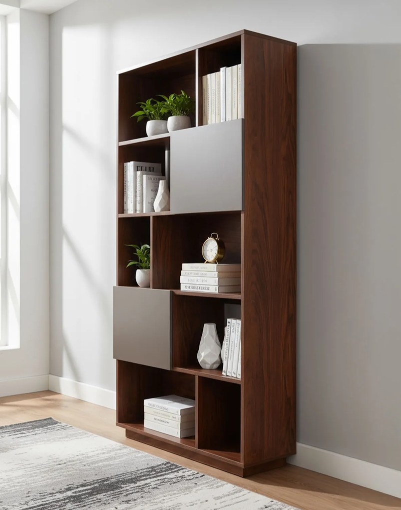 Knižnica Nevada, tmavý orech so sivými dvierkami, 80 cm (BS01)