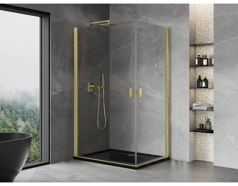 Mexen Mist-B Duo, 2-krídlový výklopný sprchový kút 95 x 90 cm, číre sklo, zlatý matný profil, 8A2-095-090-55-00