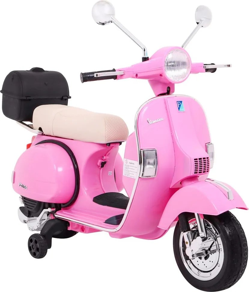 Ramiz Elektrický skúter Vespa pre deti ružový + pomocné kolieska + audio + ekokoža + EVA + plynulý štart