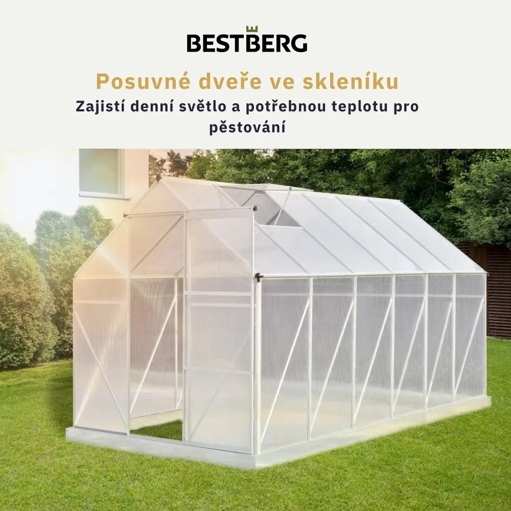 Skleník so základňou BestBerg SH-7 / 7 m² / 190 x 371 x 207 cm / strieborná