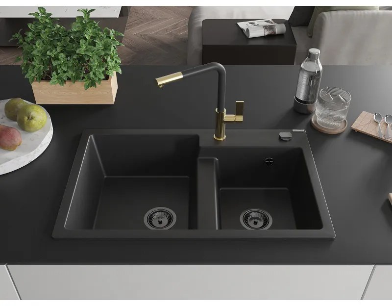 Mexen Tomas, 2-komorový granitový drez 800x500x190 mm a drezová batéria Flora, čierna, 6516-77-670401-57-B