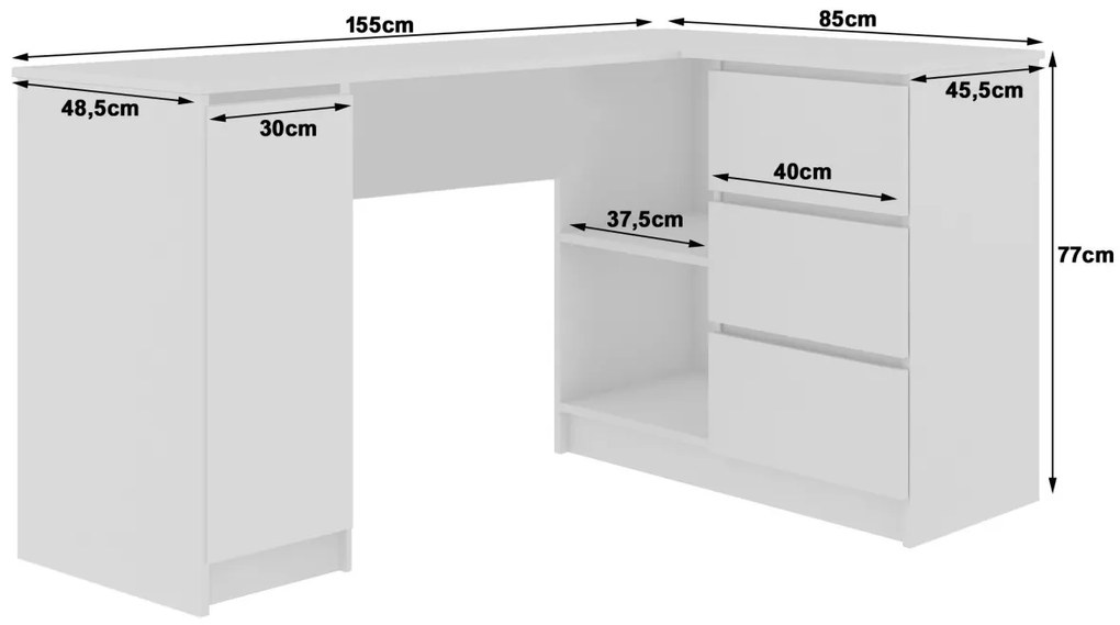 Rohový písací stôl B20 155 cm biely/cappuccino lesk pravý