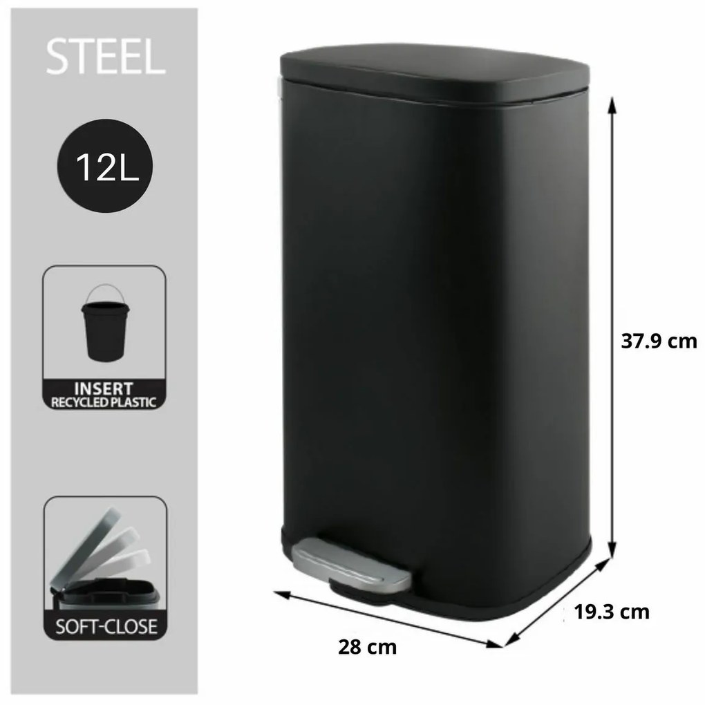 Spirella Pedálový odpadkový kôš soft-close Akira 12 l, matná čierna, 12 l