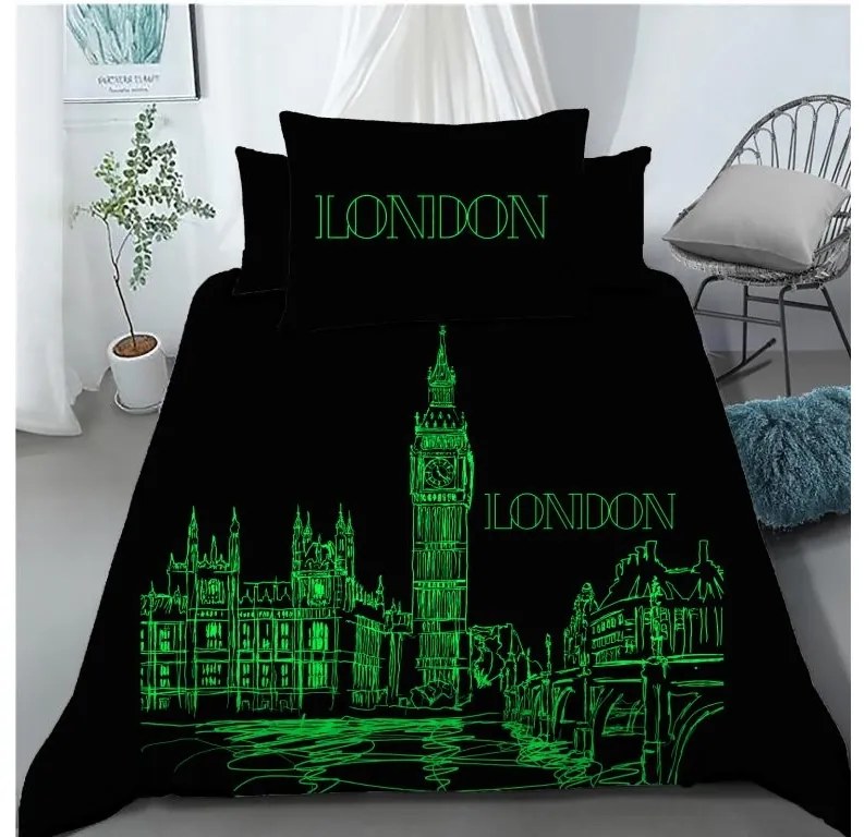 Svietiace obliečky bavlnené Deluxe 3D deň v Paríži noc v Londýne 200x140cm+90x70cm