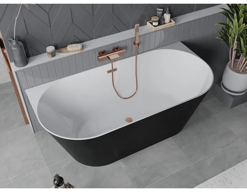 Mexen Oval Slim, voľne stojaca vaňa ku stene, 170 x 80 cm, biela-čierna, medený matný prepad, 52661708075-65