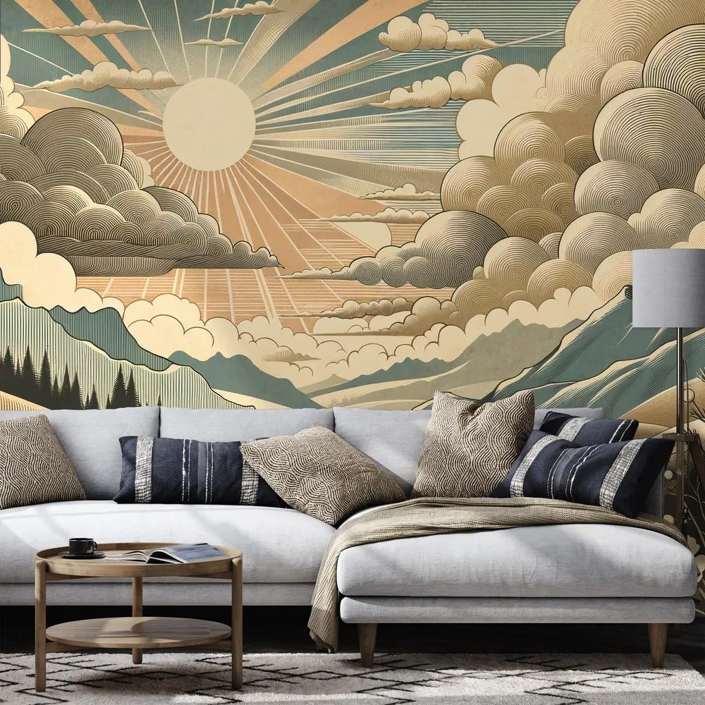 Samolepiaca tapeta retro krajina s horami a slnkom