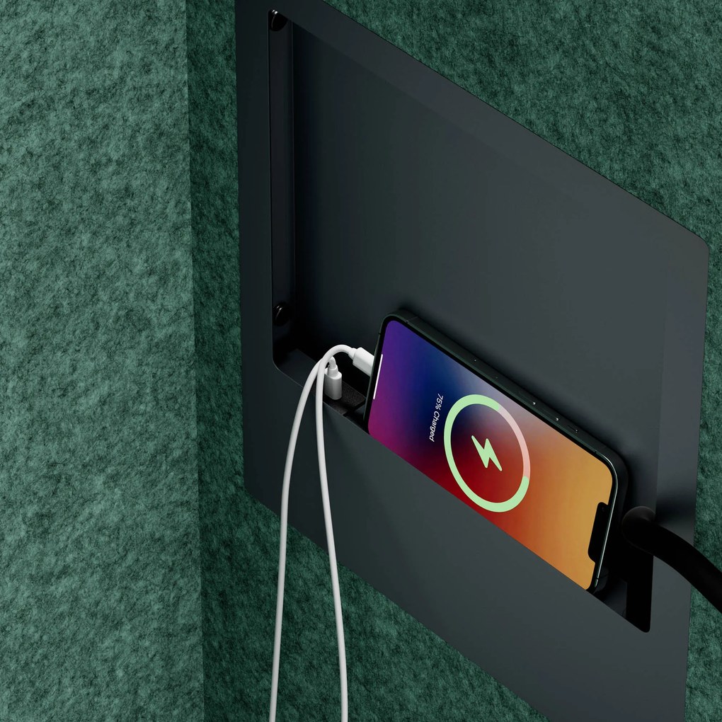 Kancelárska akustická kabína so sedadlom a portom USB-C, telo v antracitovej farbe / sedadlo v zelenej farbe, 600 mm: SALLY MentalBox