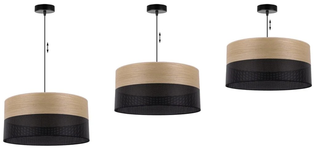 Závesné svietidlo Wood, 1x dýha zlatý dub/čierne PVC tienidlo, (fi 44cm)