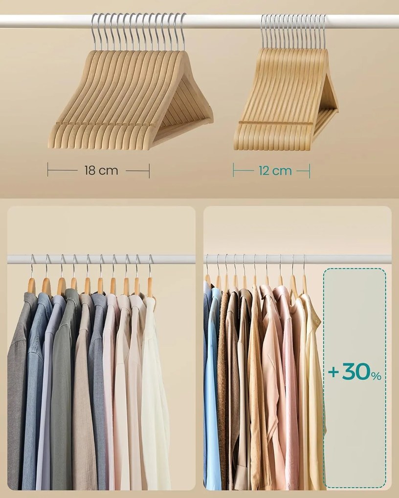 Drevené vešiaky, balenie 30 kusov, otočné háčiky, prírodná farba