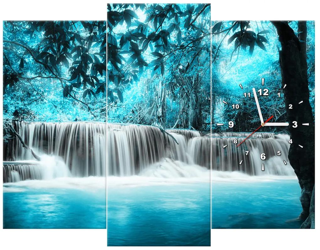 Gario Obraz s hodinami Vodopád v modrej džungli - 3 dielny Rozmery: 90 x 70 cm
