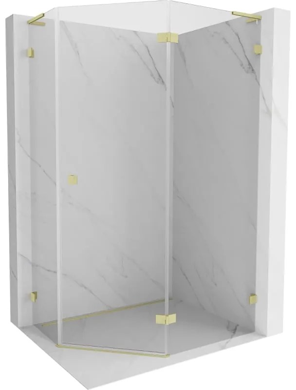 Mexen Lunar, L pravý výklopný päťuholníkový sprchový kút 100 x 90 cm, 8mm číre sklo, zlatý matný profil, 831L-100P-090L-55-00-P
