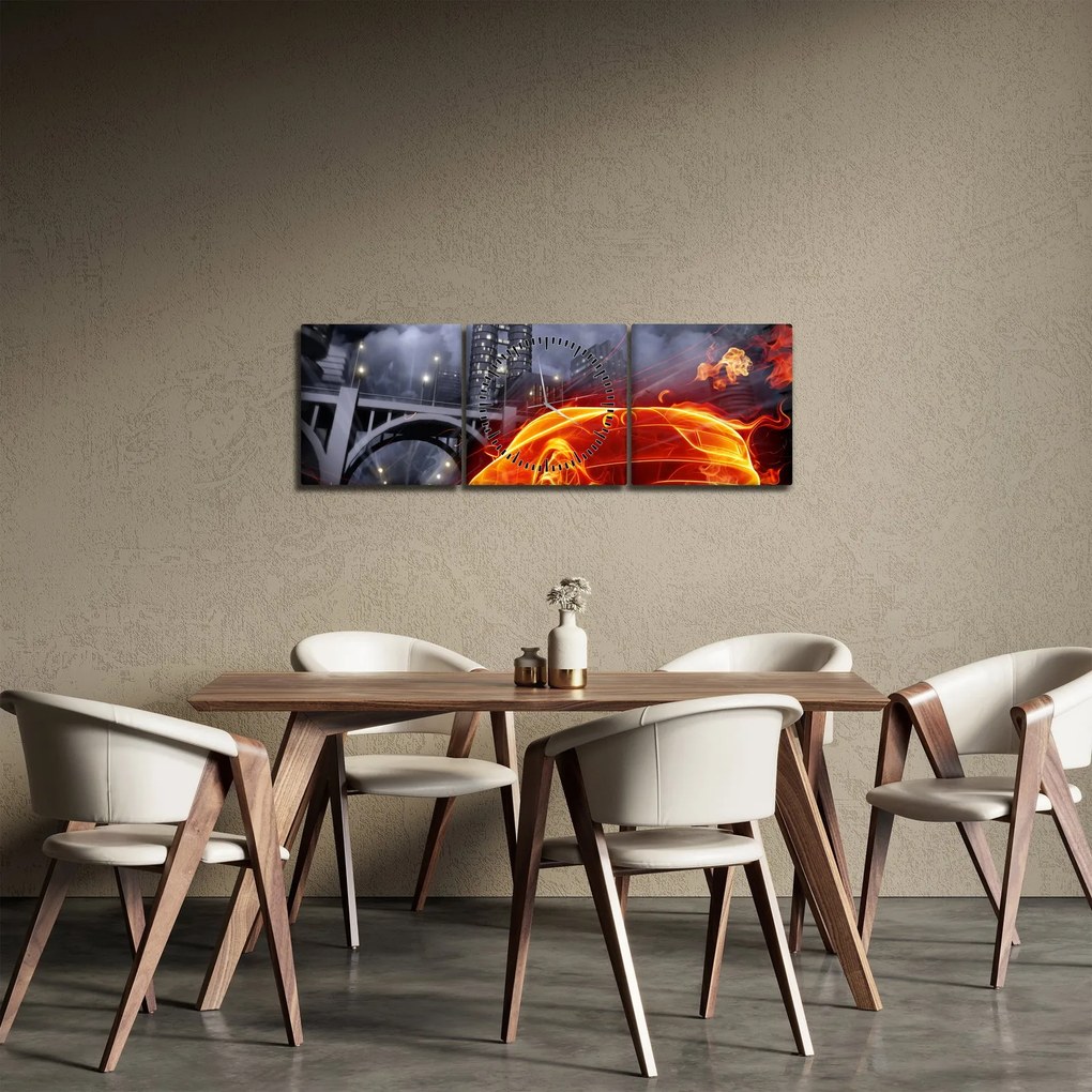 Obraz plamenného autá (s hodinami) (90x30 cm)