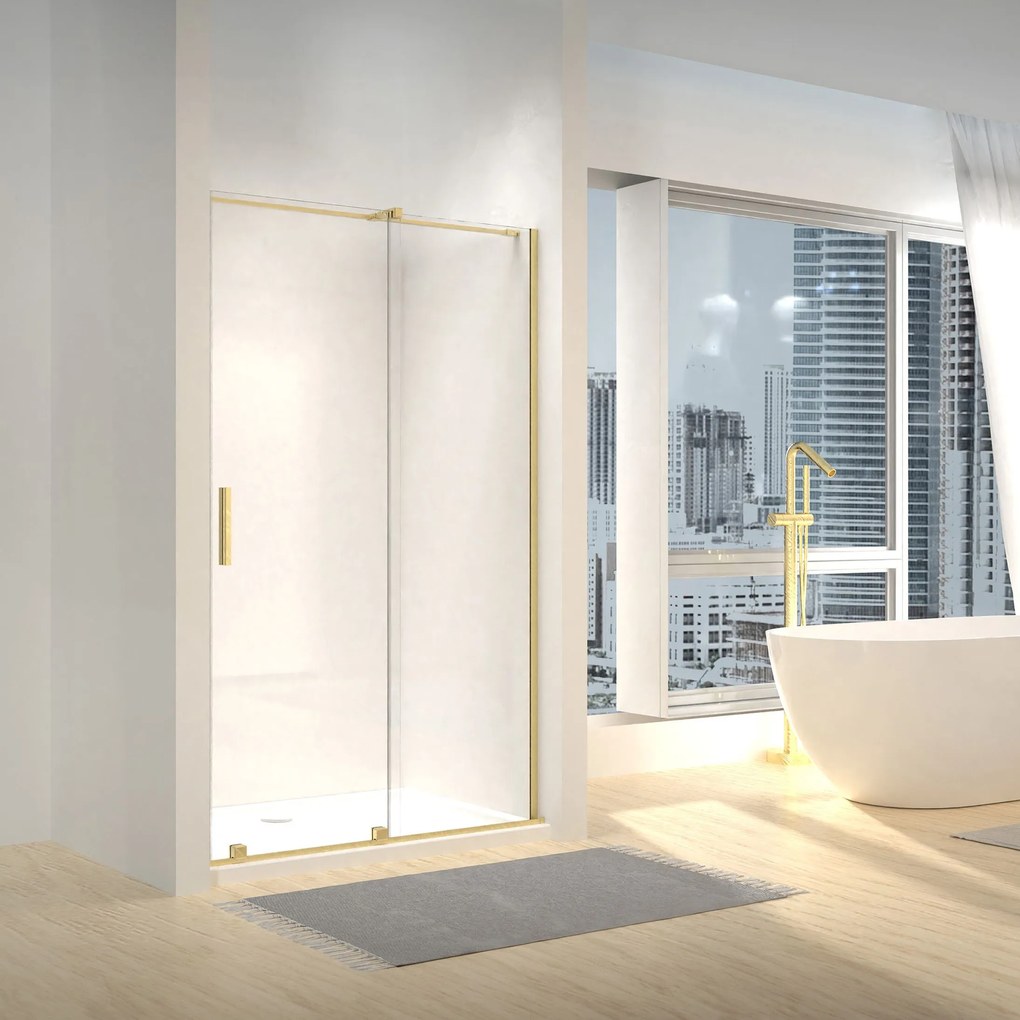 Jednokrídlové posuvné sprchové dvere REA MONTANA 100 cm pre inštaláciu do niky, zlaté kartáčované/transparent - bez vaničky