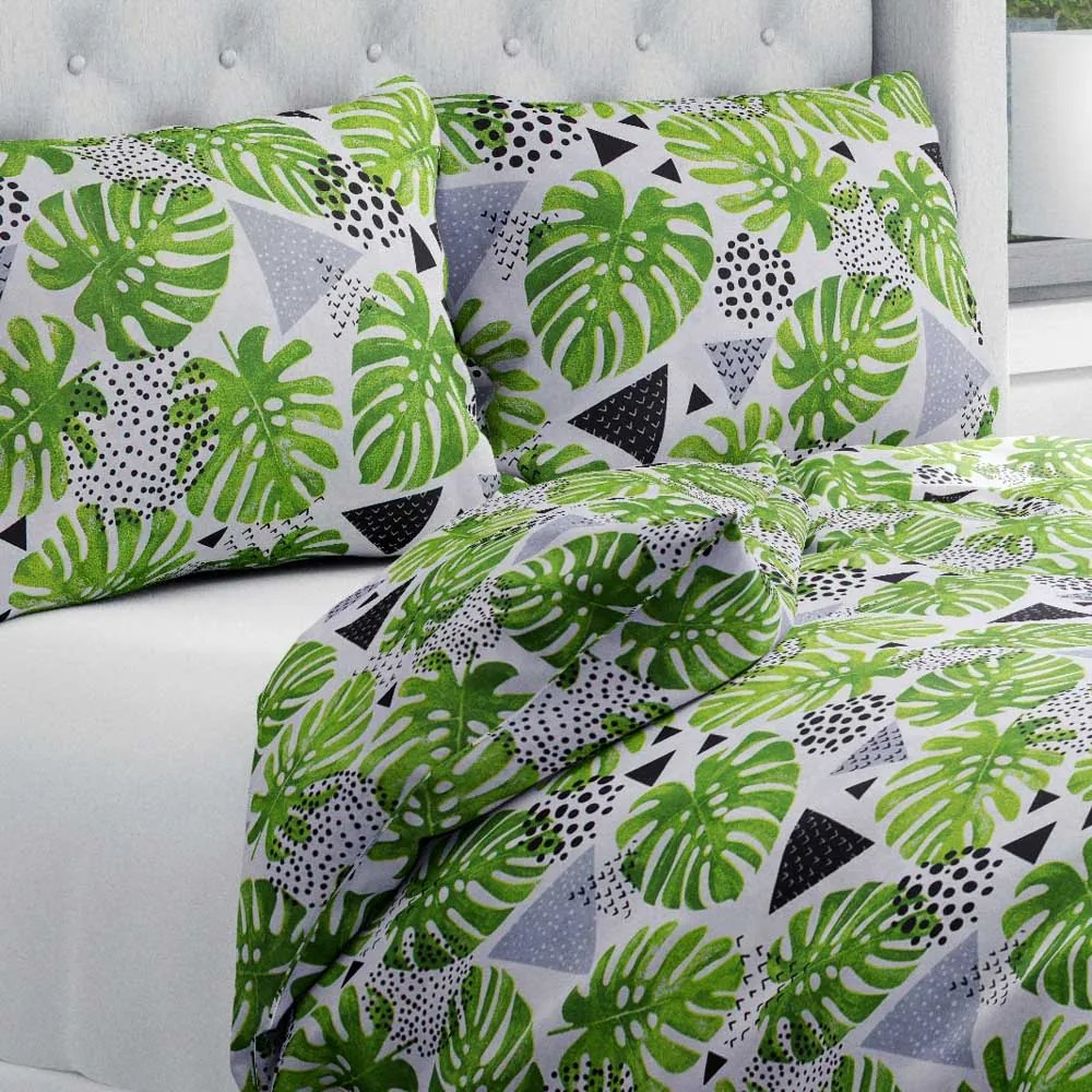 Biante Bavlnené posteľné obliečky Sandra SA-175 Zelené listy Monstera Predĺžené 140x220 a 70x90 cm