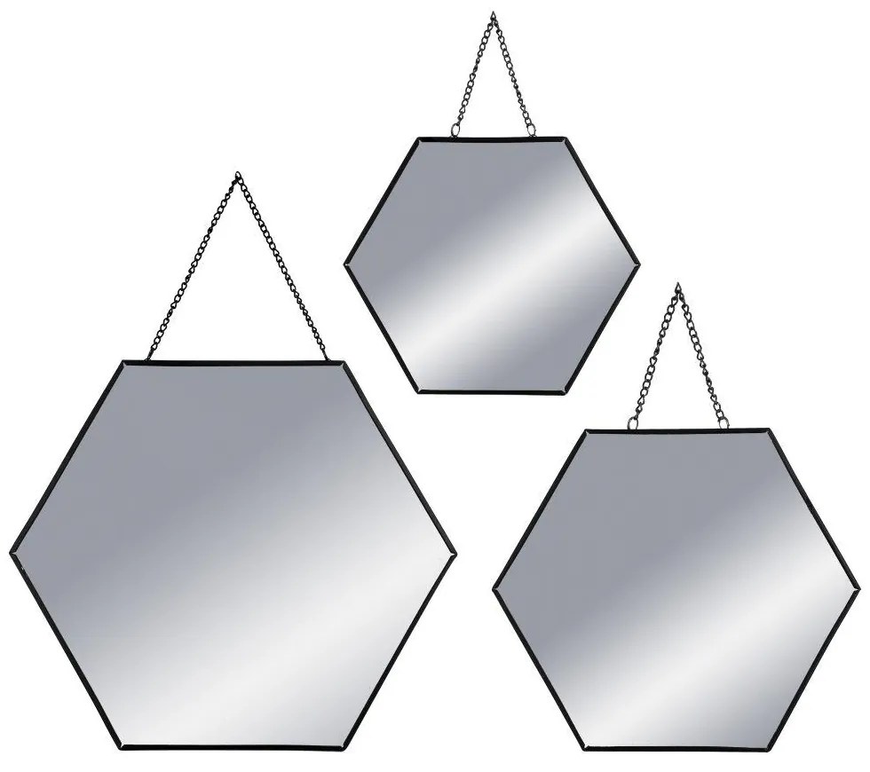 Závesné zrkadlo Hexagon, čierne, sada 3ks