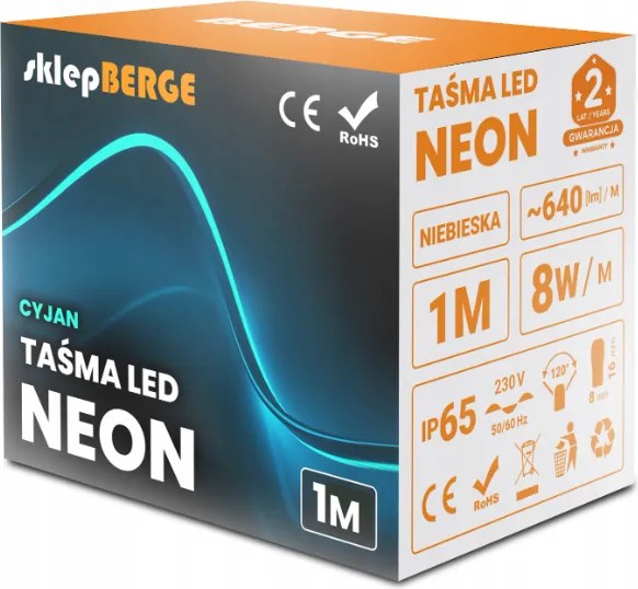 ECOLIGHT LED pásik NEON - 230V - 1m - 8W/m - IP68 - vodotesný - cyan