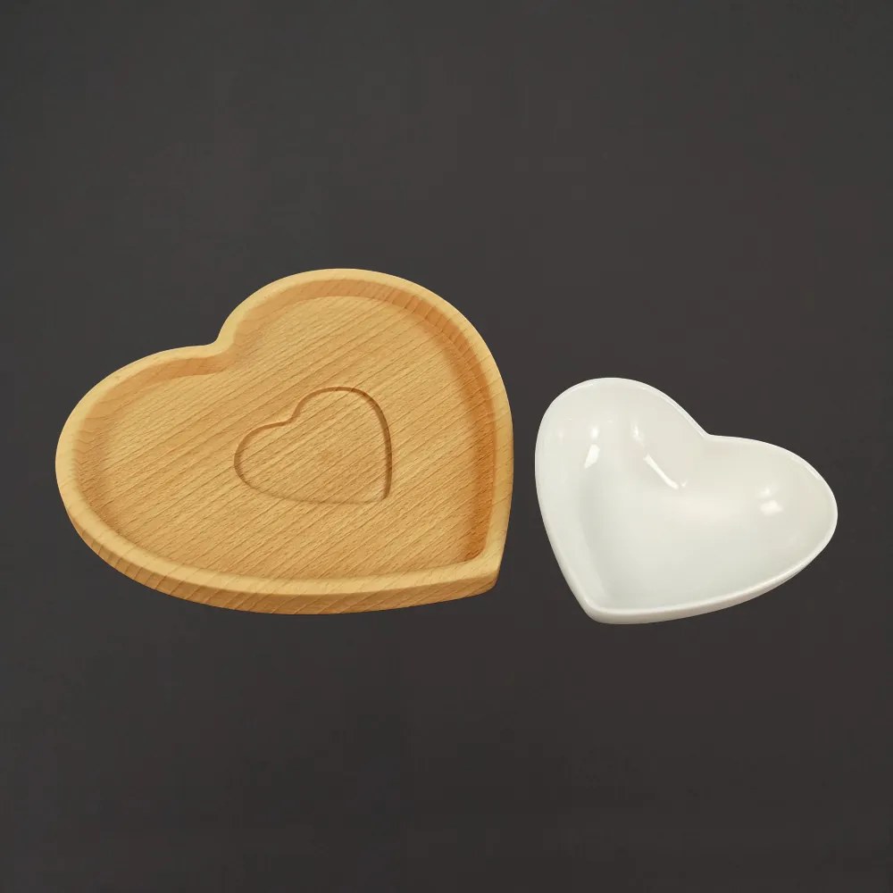 AMADEA Dřevěná miska srdce s mističkou, masivní dřevo, 20 cm