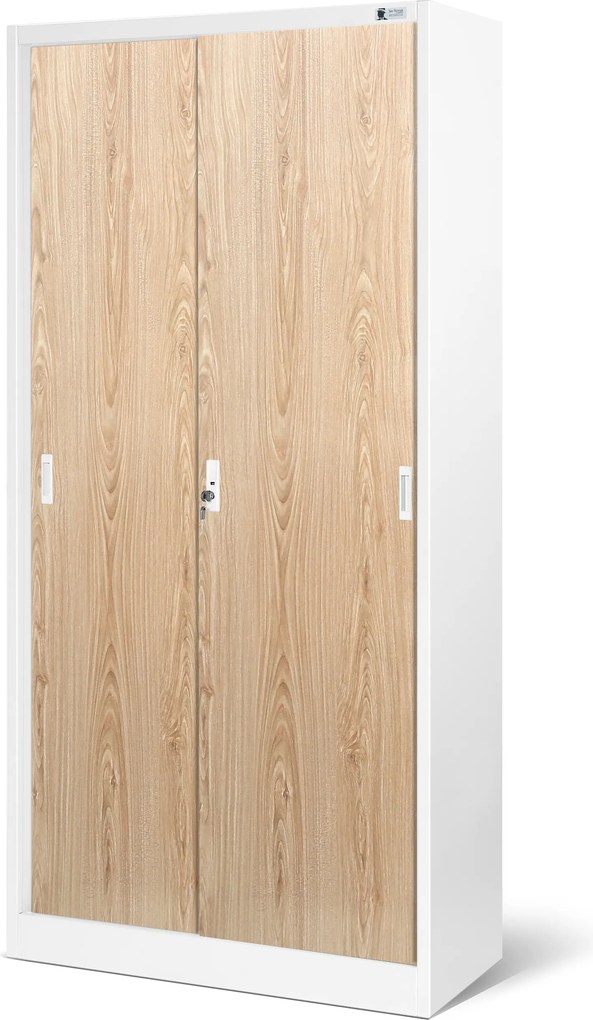 Kovová kancelárska skriňa s posuvnými dverami, biela/dub Sonoma, 900x1850x400 mm: KUBA Eco Design