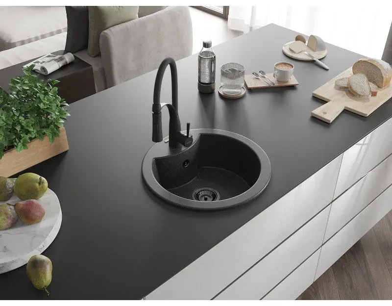 Mexen Diego, 1-komorový granitový drez 488x488x167 mm a drezová batéria Aster, čierna škvrnitá, 6512-76-73450-70-B