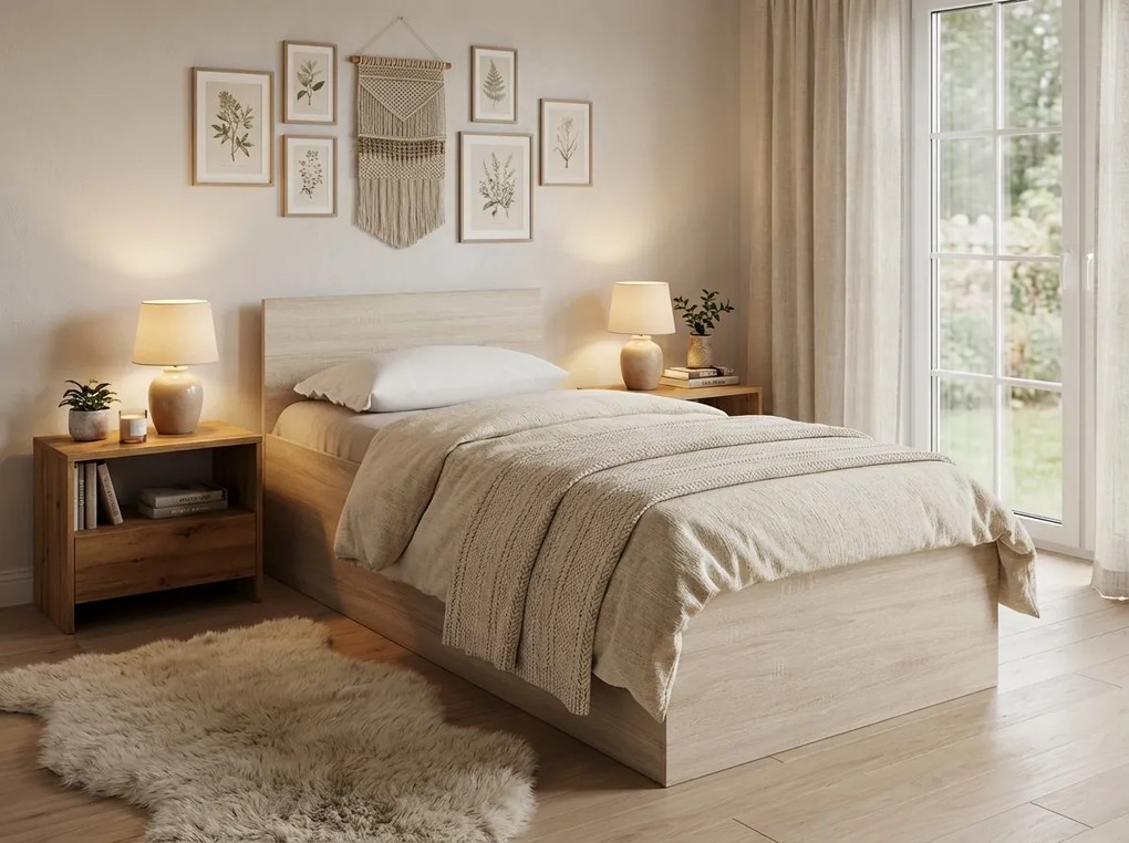 Posteľ SOFIA 80 x 200 cm, dub sonoma Rošt: S lamelovým roštom, Matrac: Matrac DELUXE 10 cm