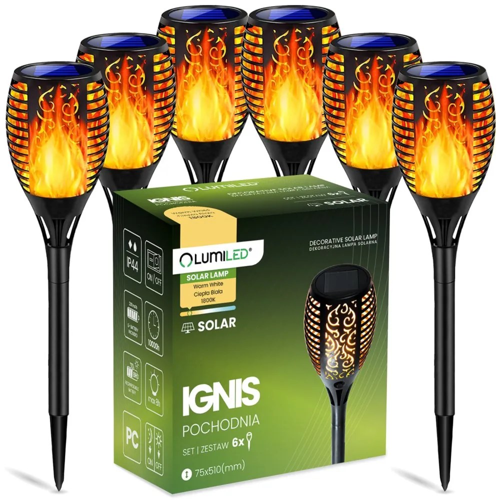 6PAK LED IGNIS Solárna záhradná lampa Driving Torch Flame Effect 50cm LUMILED