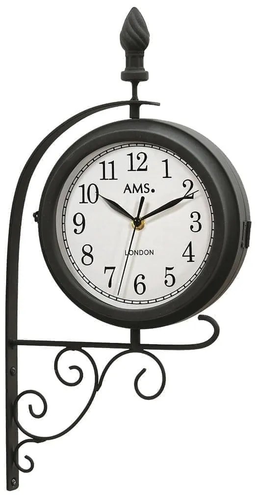 Luxusné obojstranné nástenné hodiny AMS 9433 v retro dizajne – lakovaný kov a minerálne sklo, 54 cm