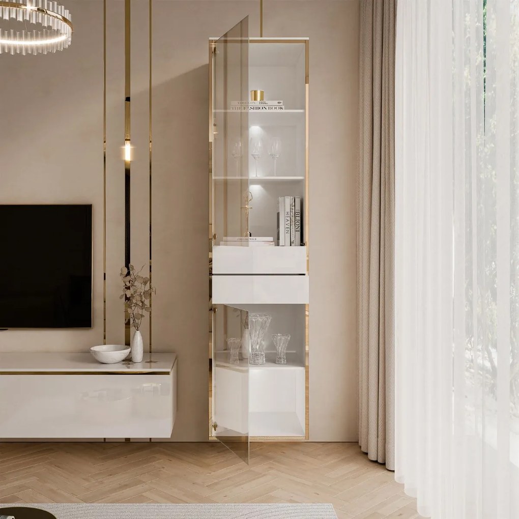 ZÁVESNÁ VITRÍNA NESSIE BIELY LESK + ZLATÁ 45 x 181 cm