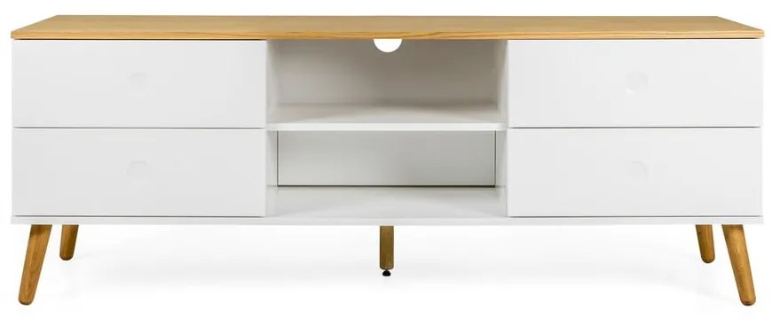 Biely TV stolík s detailmi v dekore dubového dreva Tenzo Dot, šírka 162 cm