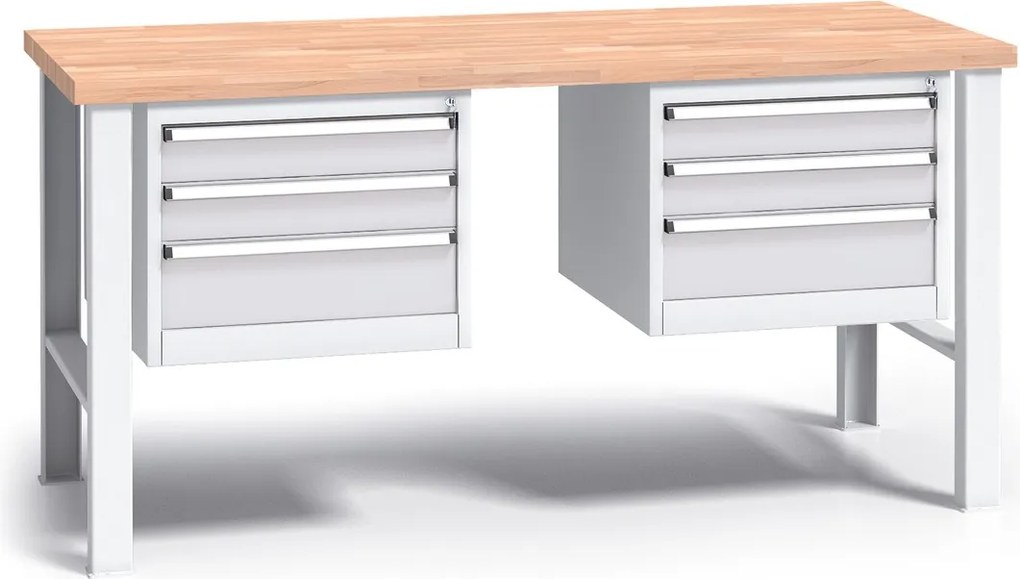 Pracovný stôl do dielne G3 s 2 závesnými boxami na náradie, buková škárovka, 6 zásuviek, pevné kovové nohy, 1700 mm, sivá