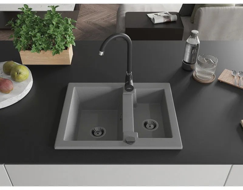 Mexen Carlos, granitový drez 582x475x177 mm, 1,5-komorový a čierna drezová batéria Telma, šedá, 6518-71-670200-70-B
