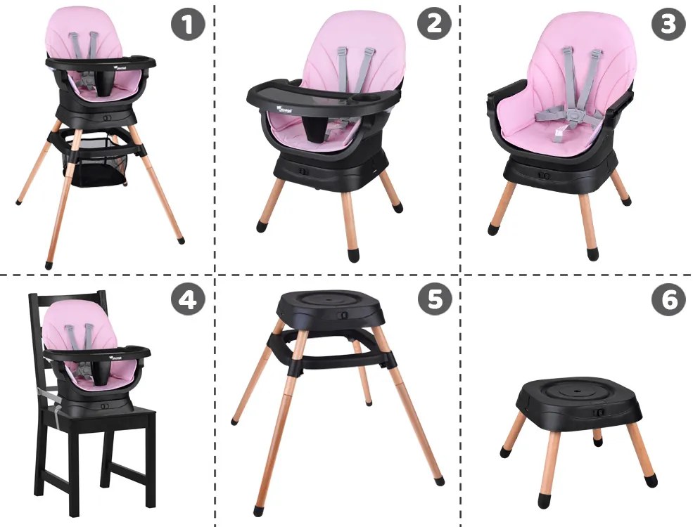Jokomisiada Viacúčelová otočná stolička na kŕmenie 6v1 pre deti –ZA5659 ružová