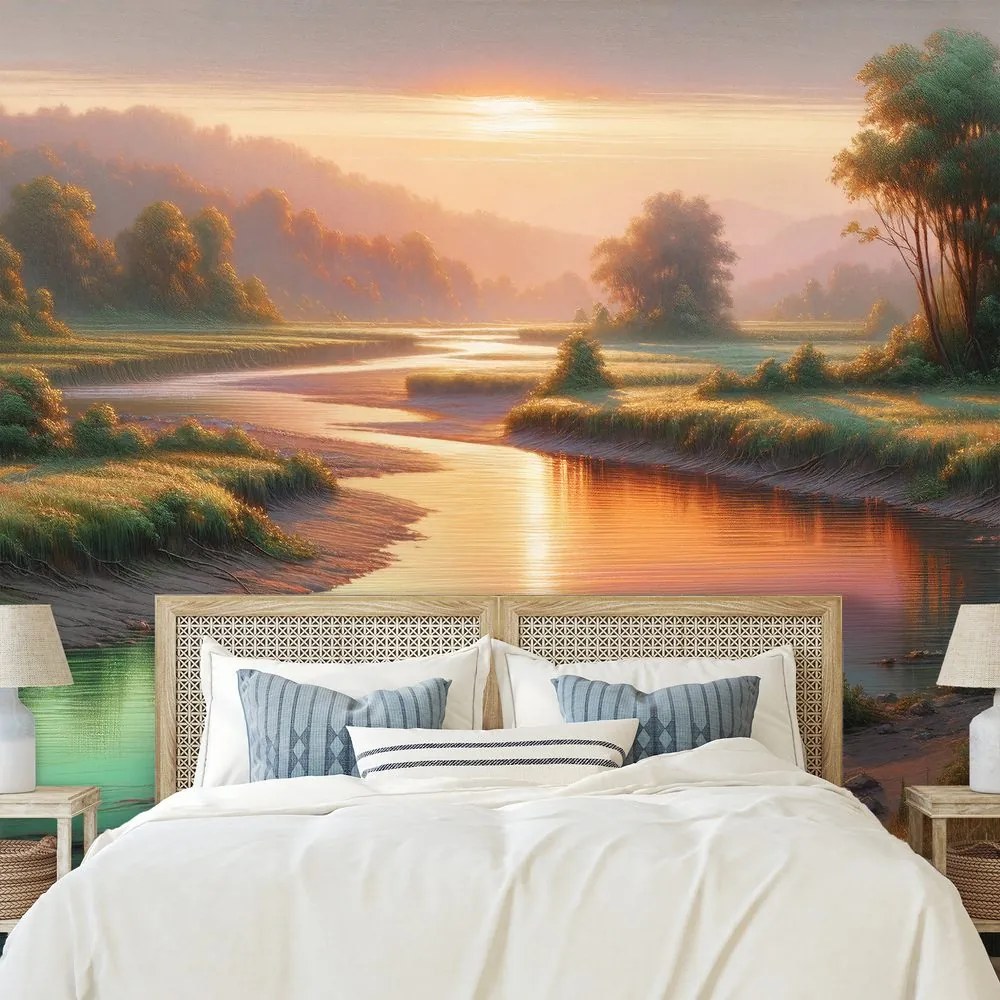 Tapeta západ slnka nad pokojnou riekou