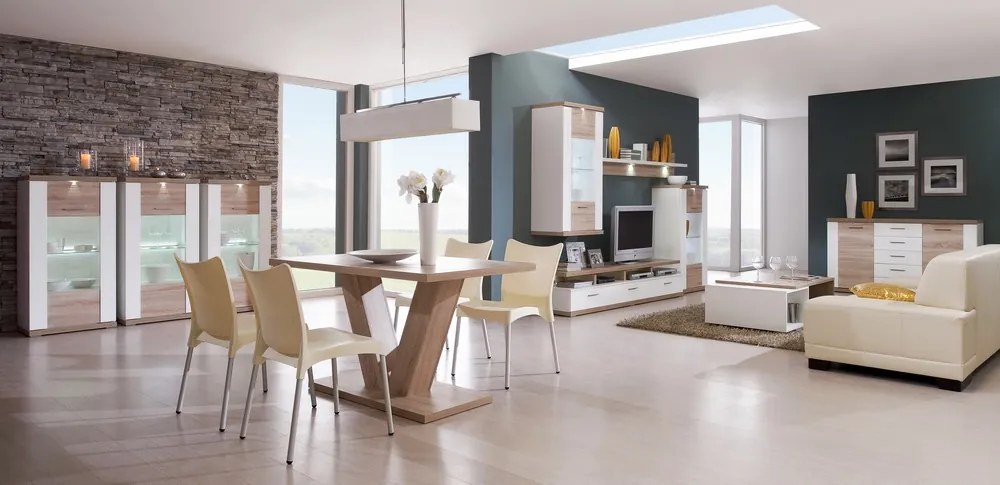 Obývacia stena Caracas kombi 333, dub / biely lesk, s osvetlením