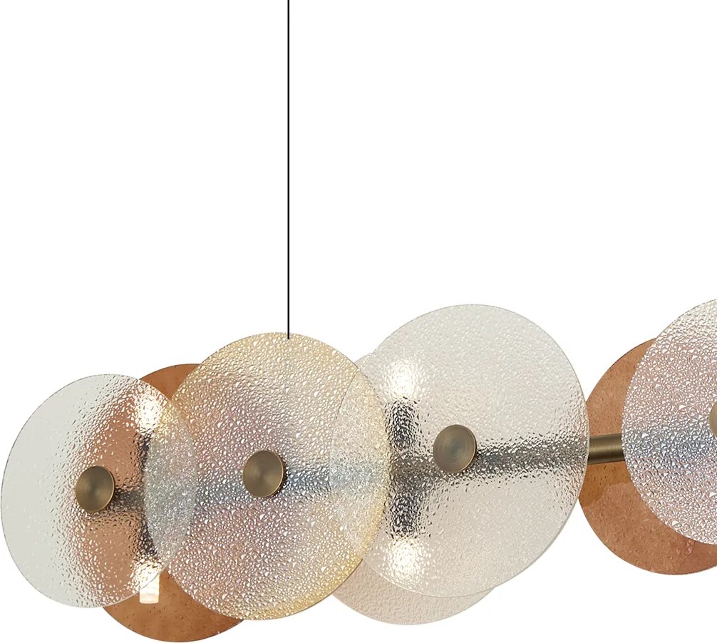Závesná lampa Art Deco bronzová s jantárovým sklom rovná 8-svetelná - Text