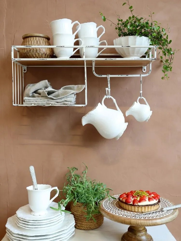 Biela antik kovová nástenná polička s háčikmi Old Shelf - 58*18*24 cm