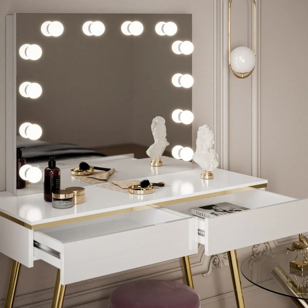 TOALETNÝ STOLÍK NESSIE SHINE BIELY LESK + ZLATÉ NOHY + LED