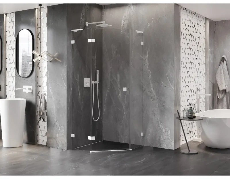 Mexen Lunar, L päťuholníkový sprchový kút naklápací doľava 80 x 80 cm, 8mm číre sklo, biely profil, 831L-080L-080P-20-00-L