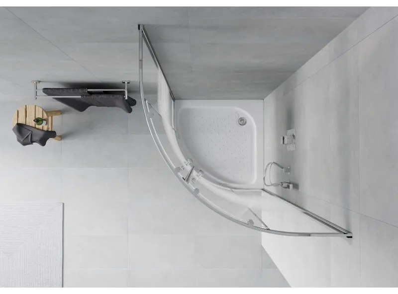 Mexen Rio, štvrťkruhový sprchovací kút s posuvnými dverami 90 x 90 cm, 6mm číre sklo/pásy, chrómový profil + biela vysoká sprchová vanička Rio, 863-090-090-01-20-4710